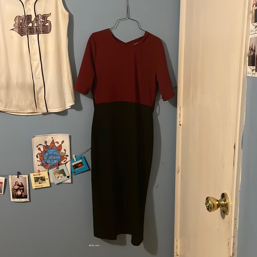 Red and black half and half dress.